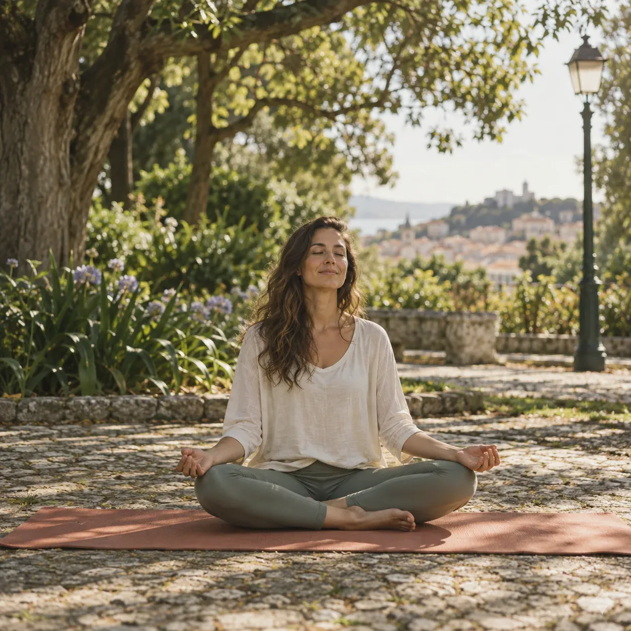 Maya practicing yoga outside in Lisbon