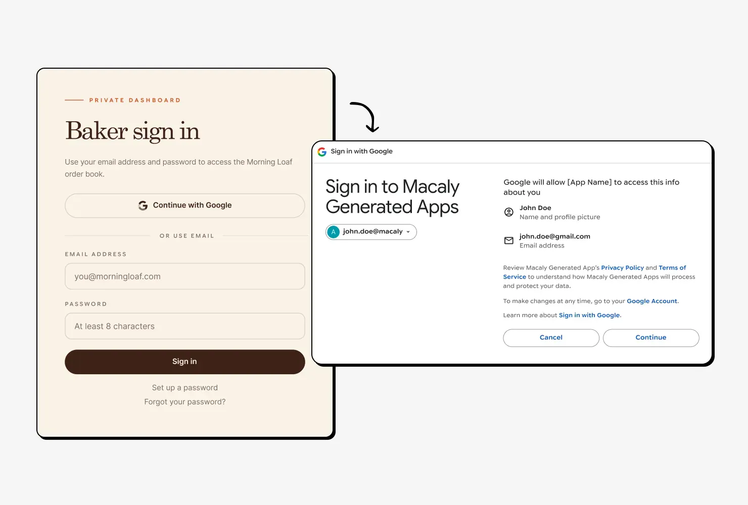 A bakery sign-in page with a Continue with Google button, next to Google's sign-in screen