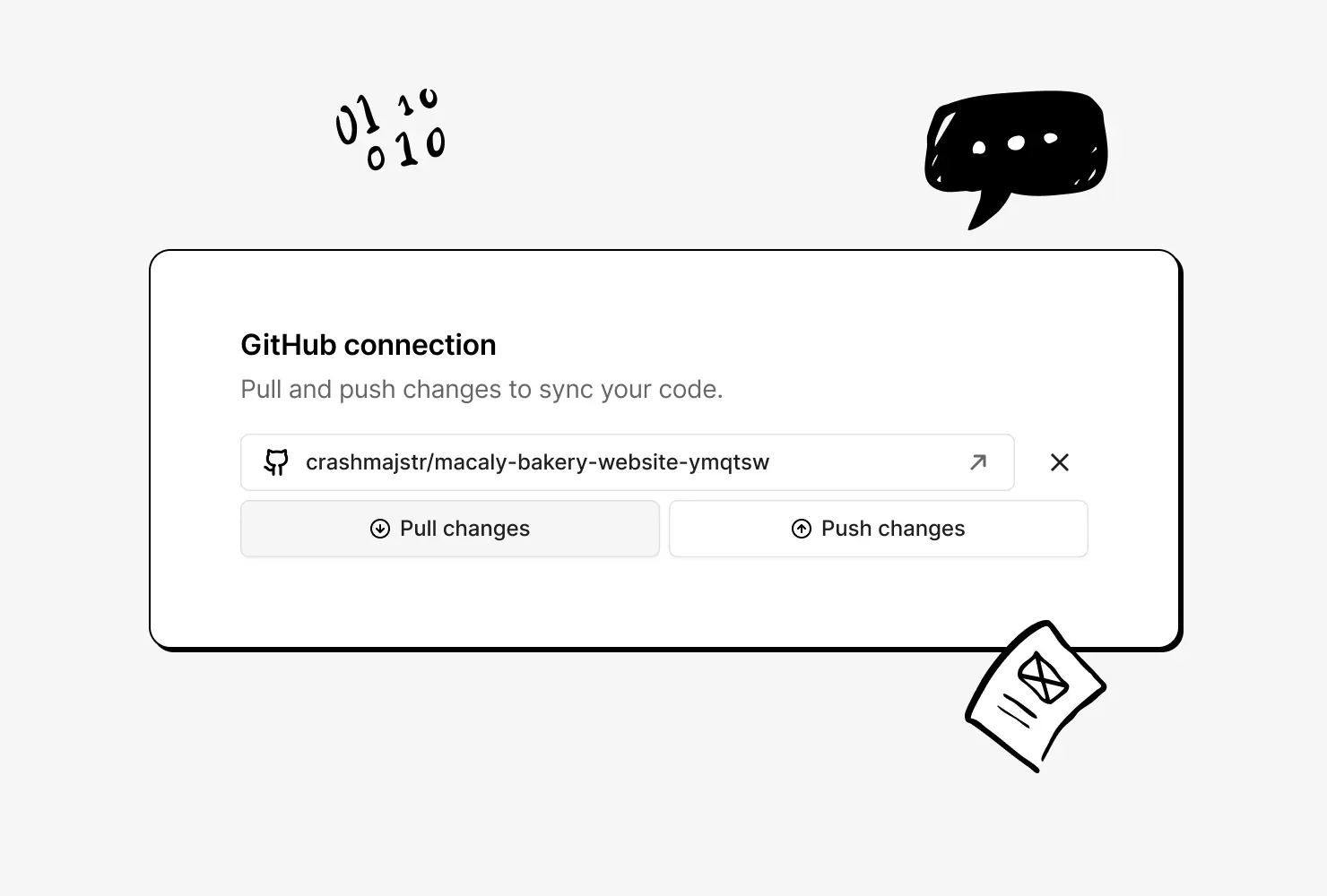 The GitHub connection panel in Macaly, linked to a repository, with Pull changes and Push changes buttons