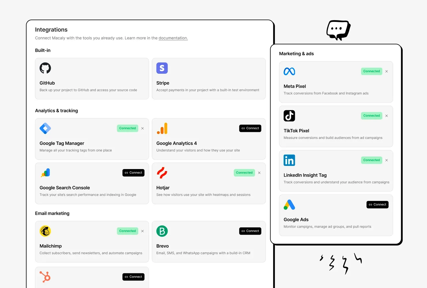 The Macaly integrations catalog listing Stripe and GitHub, analytics tools, email marketing tools, and ad tracking from Meta, TikTok and LinkedIn