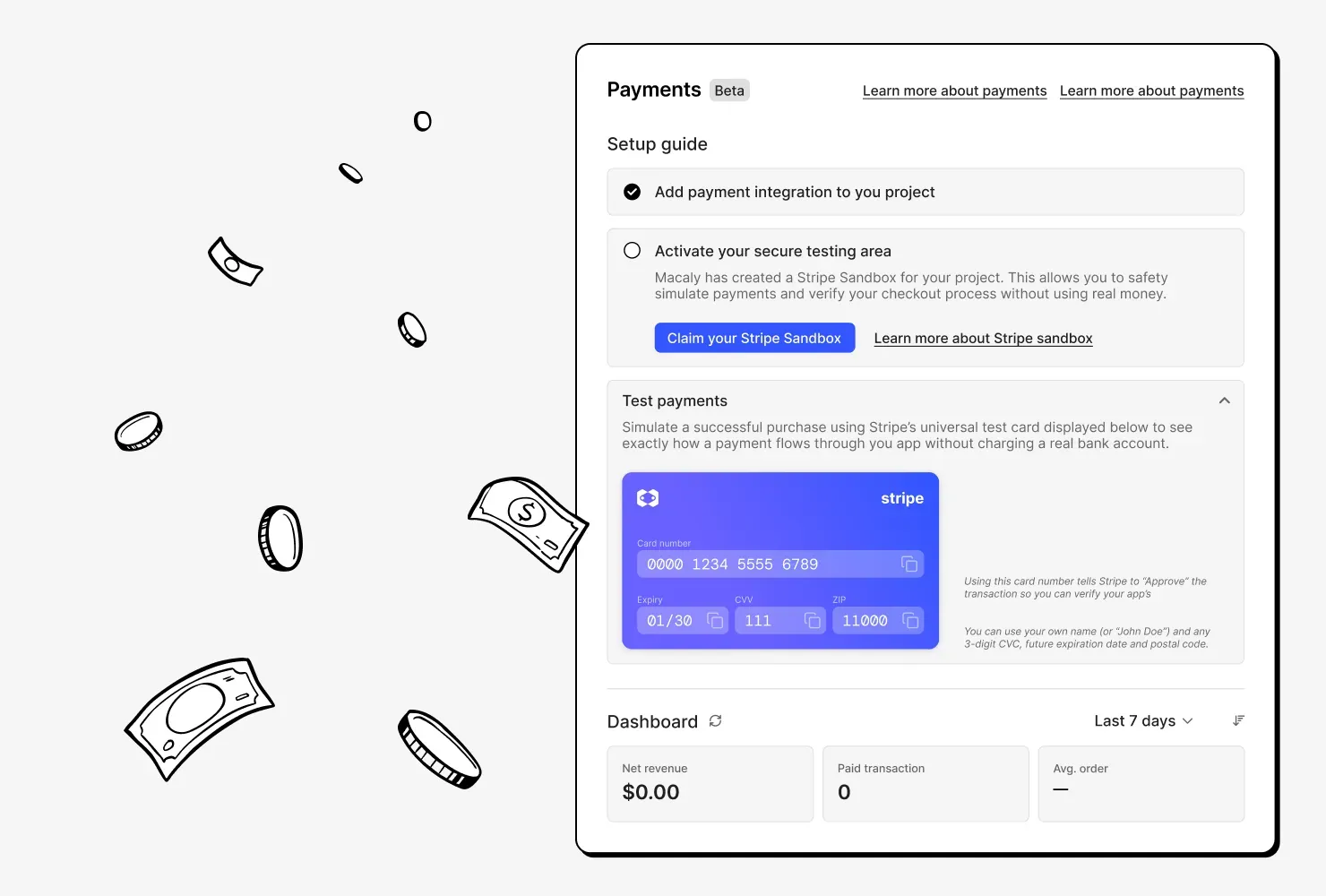The Payments tab in Macaly with a button to claim the Stripe sandbox, a test card to pay with and an empty sales dashboard